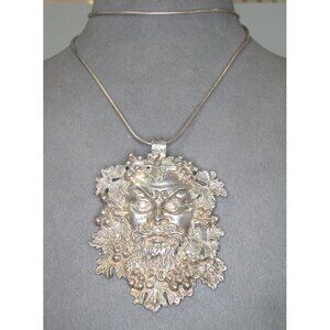Bacchus/Green Man Silver Tone Pendant Necklace 22"